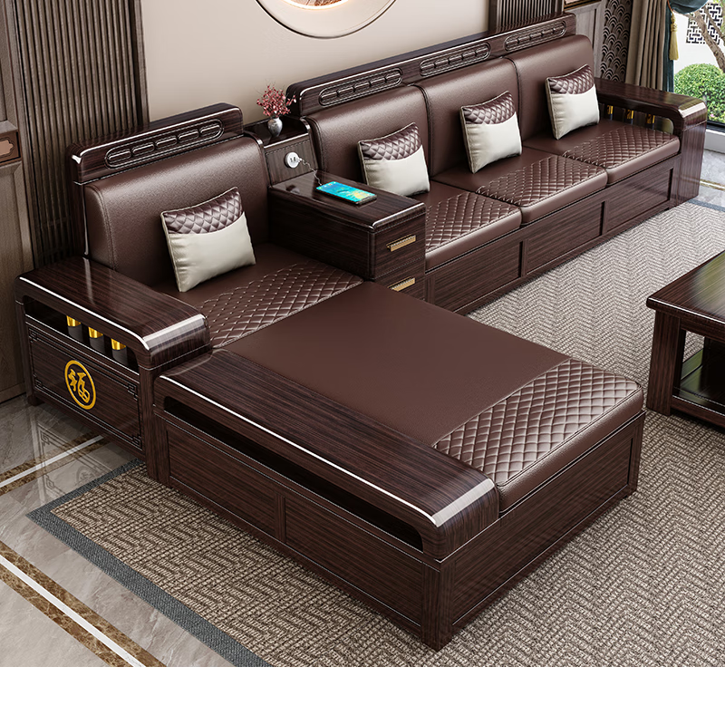 Hongyun Qiancheng purple gold sandalwood Chinese-style solid wood sofa 2025 new size living room winter and summer storage furniture combination five-seater + imperial concubine couch + coffee table