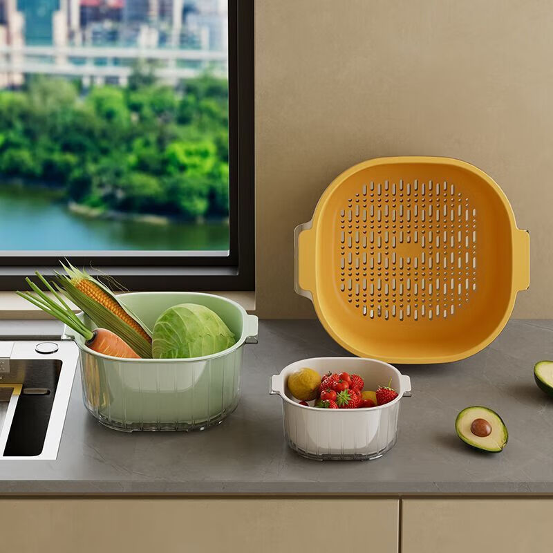 Vinoa's new double-layer vegetable washing and draining basket living room plastic fruit and vegetable thickened water filter vegetable basket washing basin home kitchen ivory white small size 8m single layer draining basket