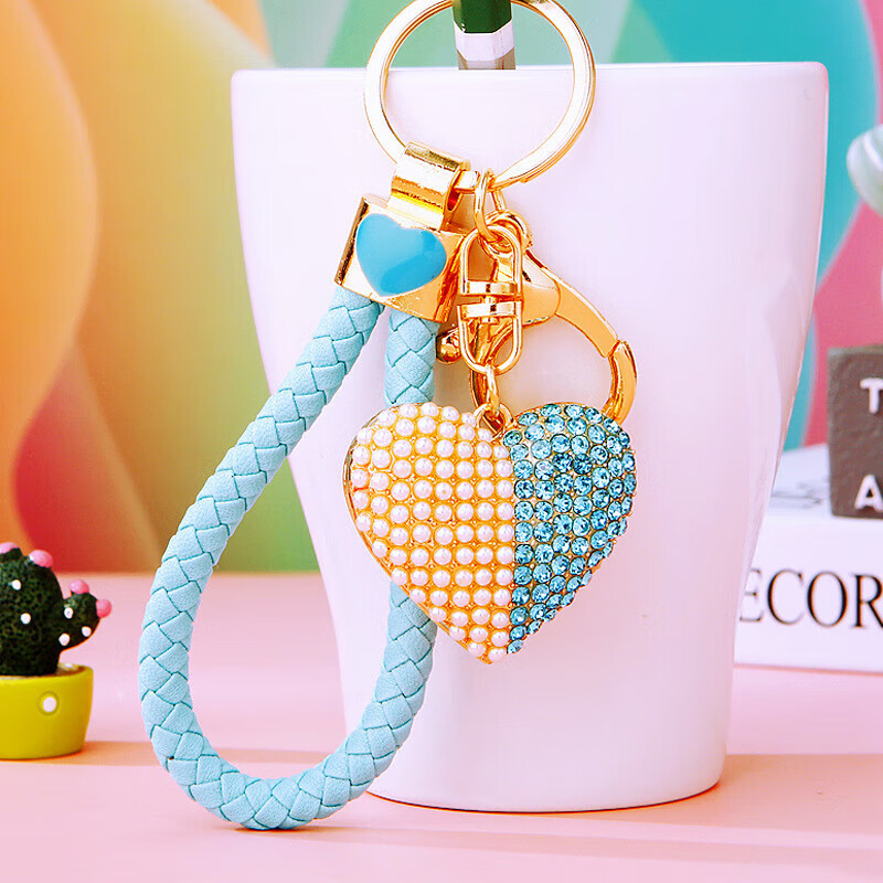 Pearl inlaid diamond double-sided love car keychain metal women's bag pendant key chain chain creative cross-border red rope + a525 double-sided pearl love red single opp bag 7