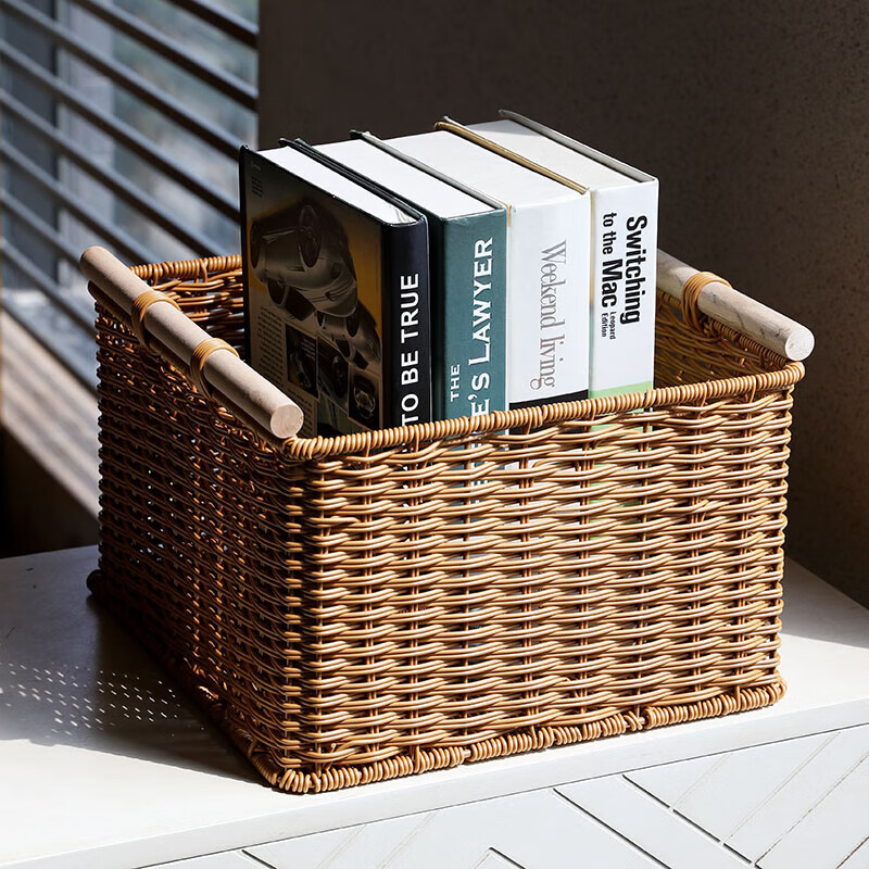Storage basket imitation rattan Japanese-style storage box simple living room study cabinet finishing basket snack storage box wooden handle brown double opening 30*30*21cm