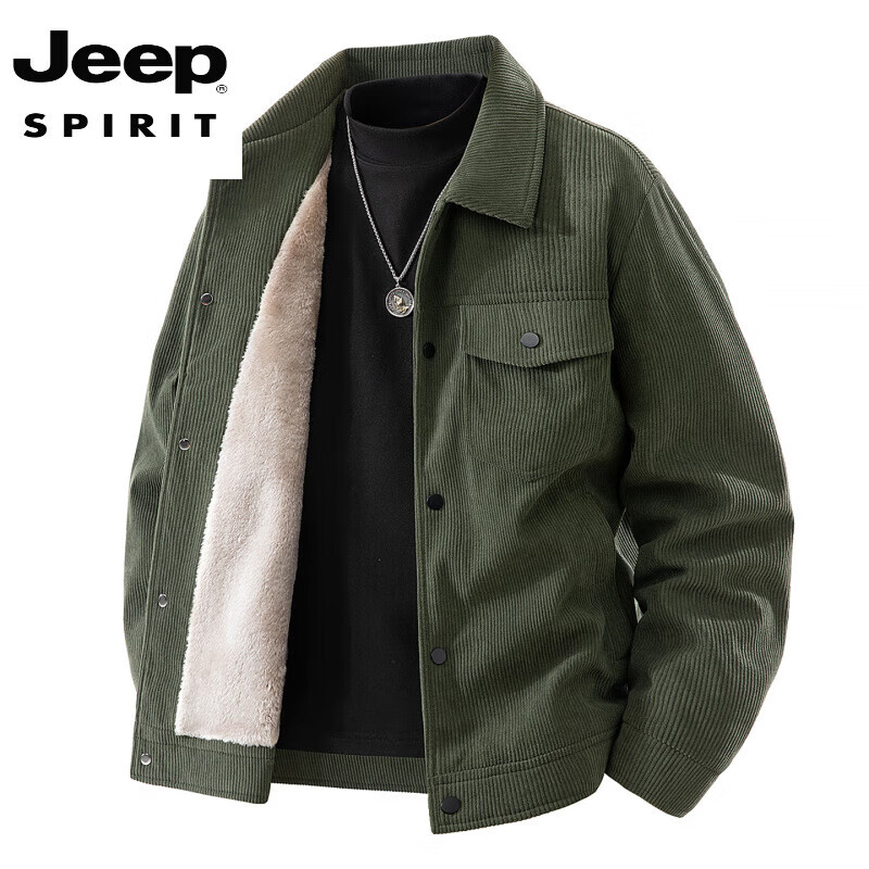 JEEP SPIRIT corduroy jacket men's autumn and winter new velvet thickened lamb velvet work jacket corduroy top military green velvet L 115-125 catties