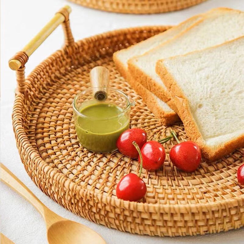 CLCEY rattan storage basket bamboo fruit plate Japanese bread basket steamed bread basket living room fruit basket household handmade tray multi-purpose storage three-piece set