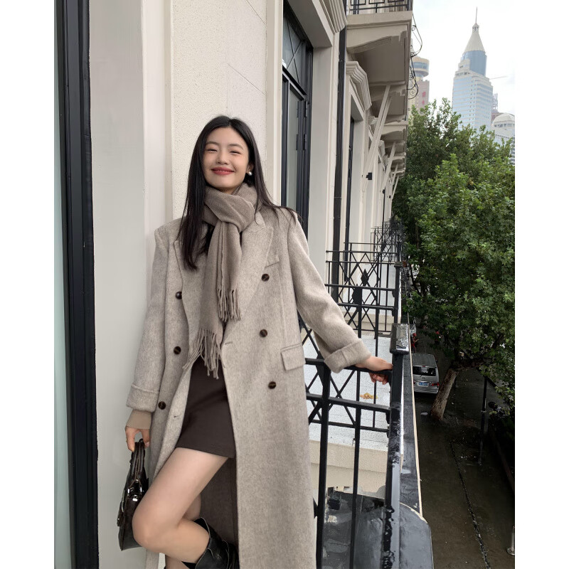 Pusumede wool double-sided woolen coat for women, autumn and winter silhouette, mid-length, Korean-style temperament woolen coat, dark gray for small people, recommended height 158-164cm S