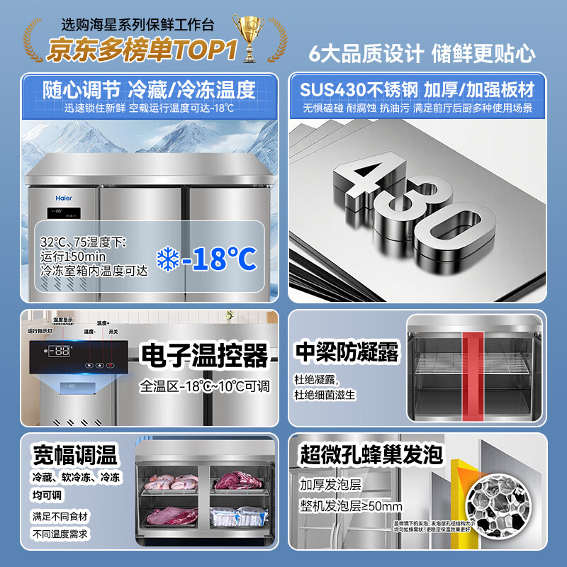 Haier commercial freezer stainless steel operating table fresh-keeping work platform kitchen refrigerator hotel restaurant canteen milk tea shop refrigeration frozen copper tube quick-frozen beef and mutton vegetables 1.2 meters 233 liters | Refrigeration/freezing conversion | Stainless steel