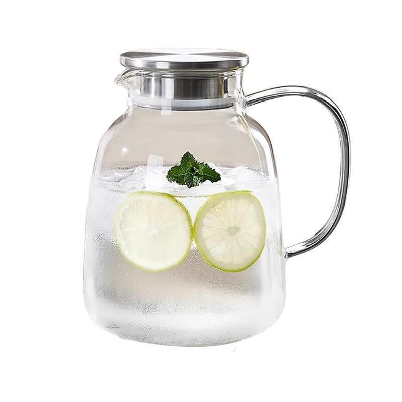 He Jiangong German brand glass cold water kettle, high temperature resistant cold water kettle, summer household large-capacity cold water cup set, anti-explosion, fat pot + stainless steel lid, boiling water directly into 1800ml