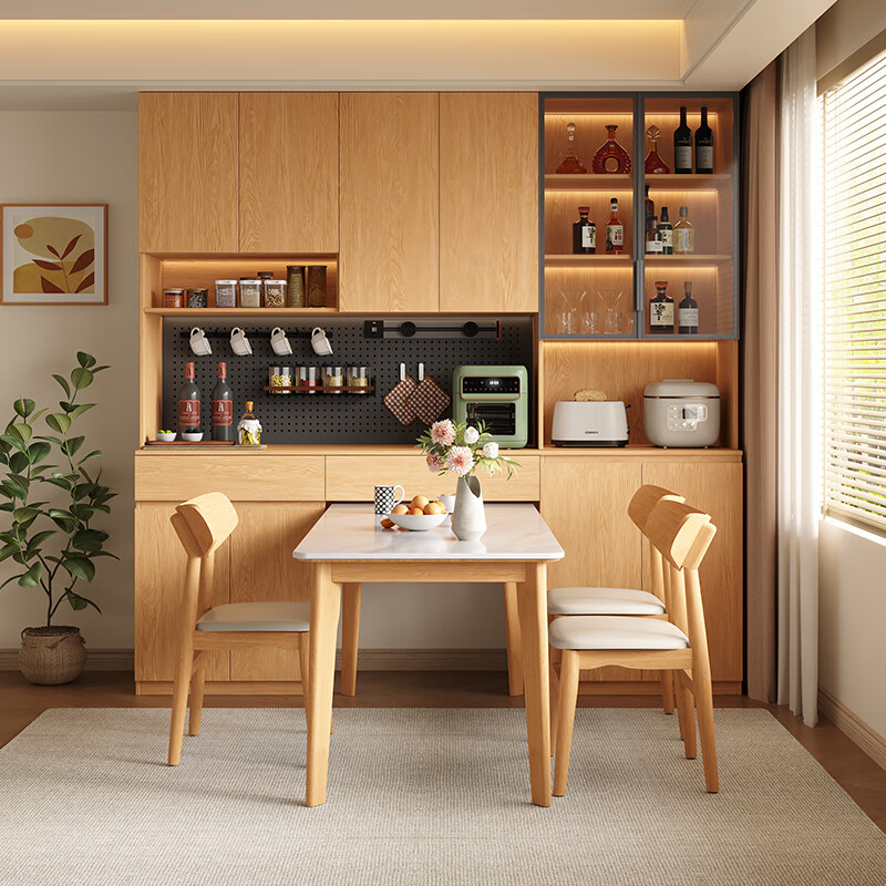 French poetry custom-made solid wood sideboard wine cabinet against the wall integrated dining table embedded oak tempered glass cupboard cabinet 2.0 meters long * 2.4 meters high (six-door sideboard) Perforated board and double-hole track socket are provided by default