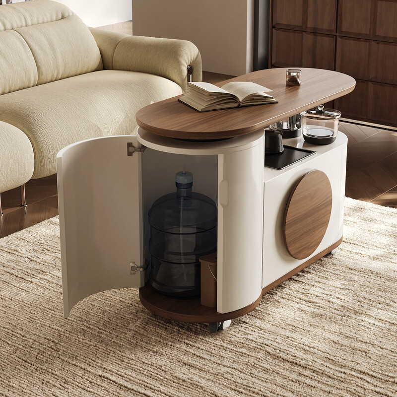 Quanmu (QUANMU) movable tea table, living room, household coffee table, sofa side table, kung fu tea cart, balcony tea making, small rotating tea table, Pinge tea cart, glass tea stove, accommodates 18.9L bucket, door-to-door installation