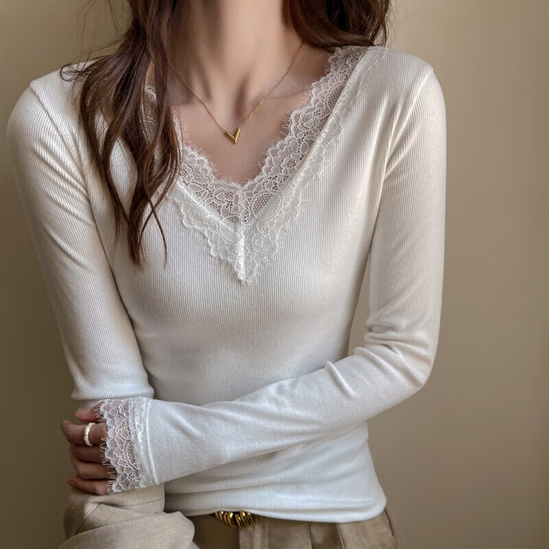 Lurang Song lace V-neck bottoming shirt for women in autumn and winter with German velvet brushed inner, slim fit, versatile long-sleeved top, shoulder T-shirt, white M (suitable for 95-115 pounds)
