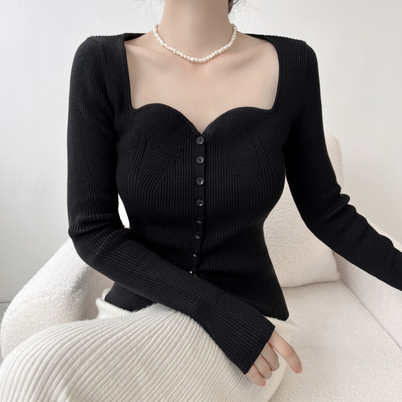 Pierre Cardin French Hong Kong style retro burgundy slim-fitting sweater long-sleeved square neck wave collar buttoned bottoming shirt top for women trendy red S