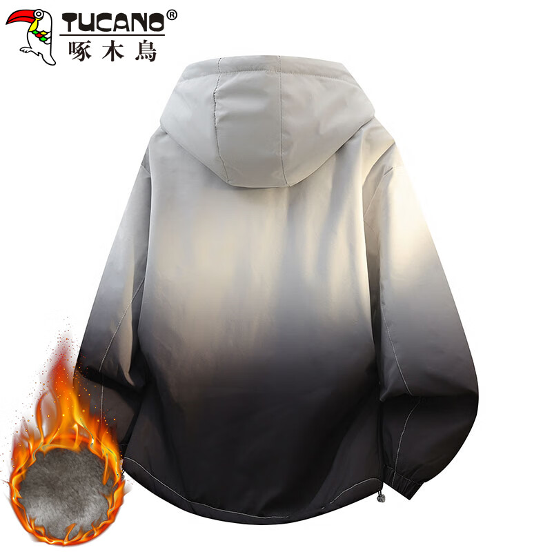 Woodpecker (TUCANO) Jacket Men's Winter Velvet Thickened Work Jacket Men's Gradient Loose Hooded Warm Jacket Blue 2XL