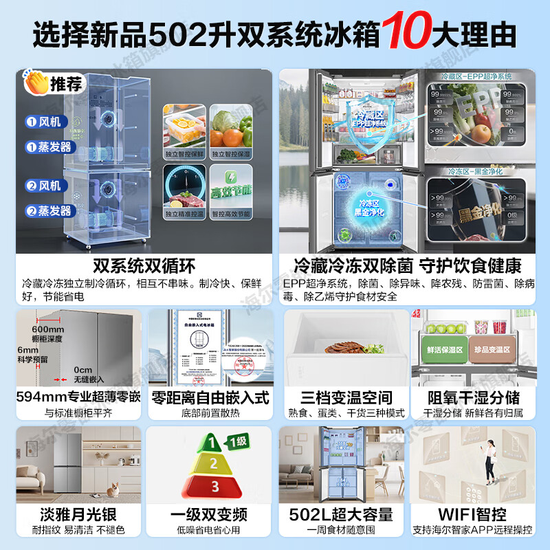 Haier refrigerator produces the 25-year-old new 502-liter cross-door refrigerator dual system without odor 60cm ultra-thin zero-embedded household EPP ultra-clean first-level national subsidy 20% 521 dual-system + 594mm ultra-thin zero-embedded + EPP ultra-clean