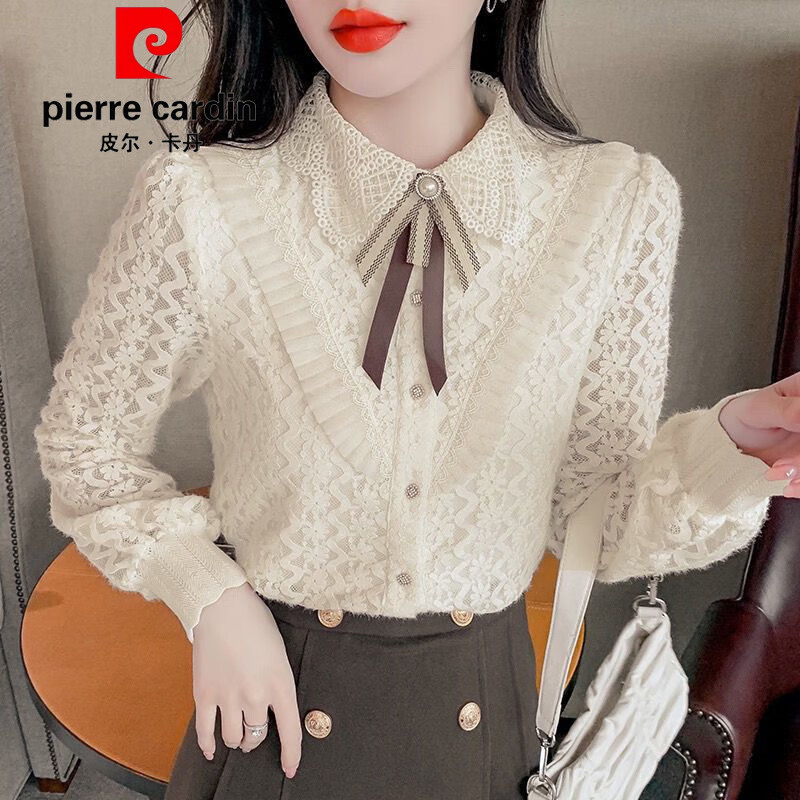 Pierre Cardin velvet thickened lace bottoming shirt for women autumn and winter style new winter shirt women's fashionable inner warm top apricot full body official flagship plus velvet S 80-95 pounds