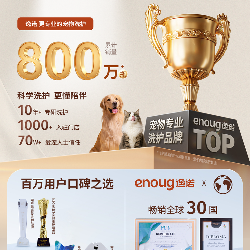 Enoug PH7 pet shower gel, universal bath gel for dogs and cats, deodorizing and fragrant, multi-effect super strong type (gold 7) 460ml