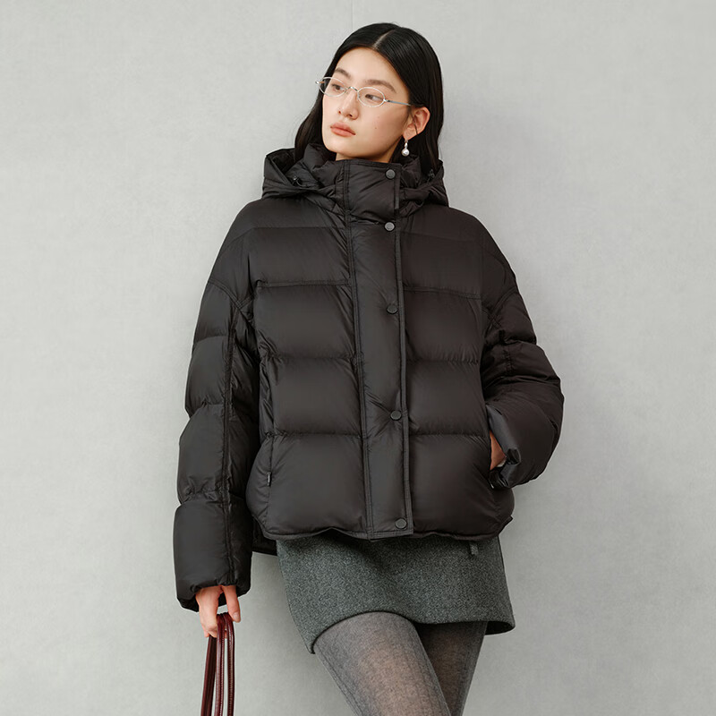 Ai Lai Down Jacket Women's Light Warm Bread Jacket Puff Short Removable Hooded Goose Down New Year's Jacket Moon Night Black S