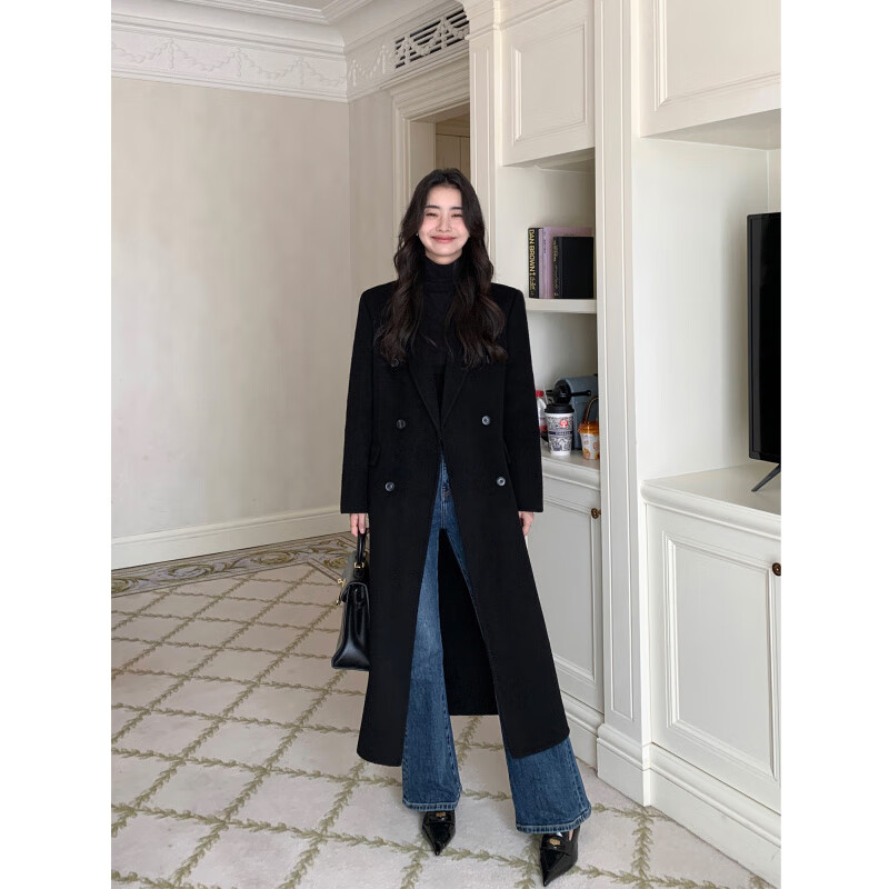 Pusumede wool double-sided woolen coat for women, autumn and winter silhouette, mid-length, Korean-style temperament woolen coat, dark gray for small people, recommended height 158-164cm S