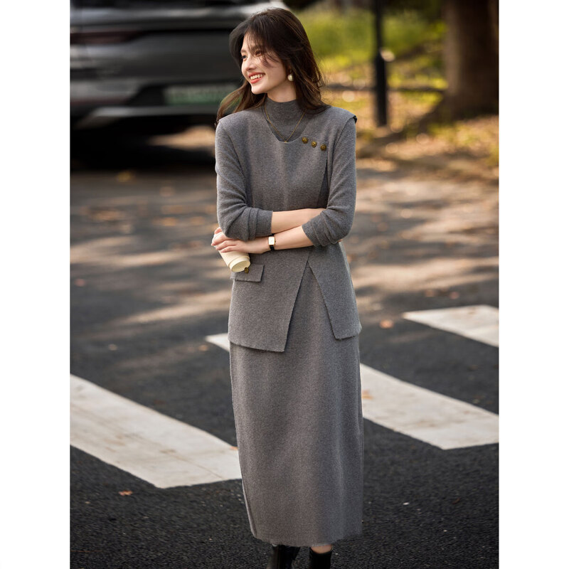 Awakening Paradise Winter Temperament Irregular Vest Bottoming Shirt Skirt Three-piece Fashion Commuting Suit Women Gray One Size