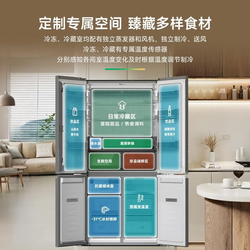 Rongsheng cross-fold four-door zero-embedded bottom cooling household refrigerator air-cooled frost-free refrigerator dual-system four-cycle BCD-505W60CZBAS smart WIFI