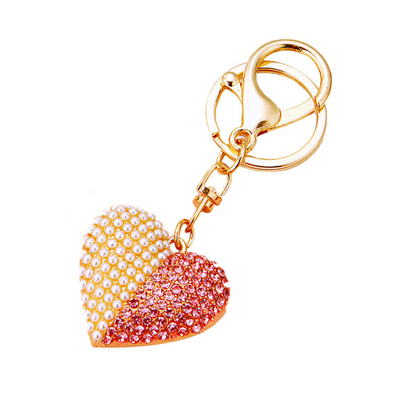 Pearl inlaid diamond double-sided love car keychain metal women's bag pendant key chain chain creative cross-border red rope + a525 double-sided pearl love red single opp bag 7