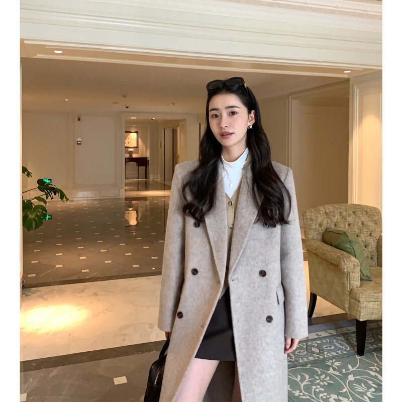 Pusumede wool double-sided woolen coat for women, autumn and winter silhouette, mid-length, Korean-style temperament woolen coat, dark gray for small people, recommended height 158-164cm S