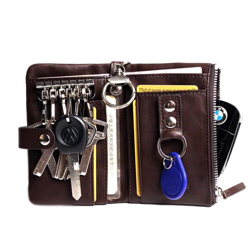 Key Bag Men's Genuine Leather Multi-Function Car Lock Keychain Cover Storage Waist Driver's License Zipper Women's Coin Purse Internet Celebrity ID Card Brown Standard Edition Length 12.5CM