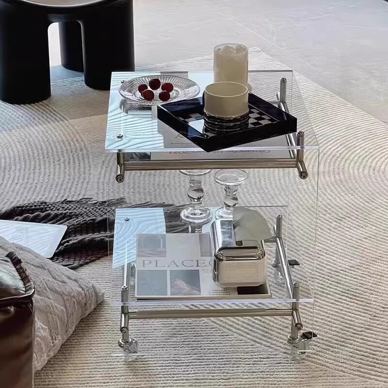 FEDDIES Nordic Acrylic Small Coffee Table Mobile Cart Light Luxury High-end Mid-Autumn Style Bauhaus Bedside Table Sofa Side Table Black Bezel Medium Size Free 2 Decorative Paper Cards Assembly