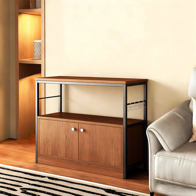 Kitchen rack floor-standing integrated wall storage cabinet new multi-functional pot storage rack multi-layer sideboard 120cm field oak color bold and thickened + free hook