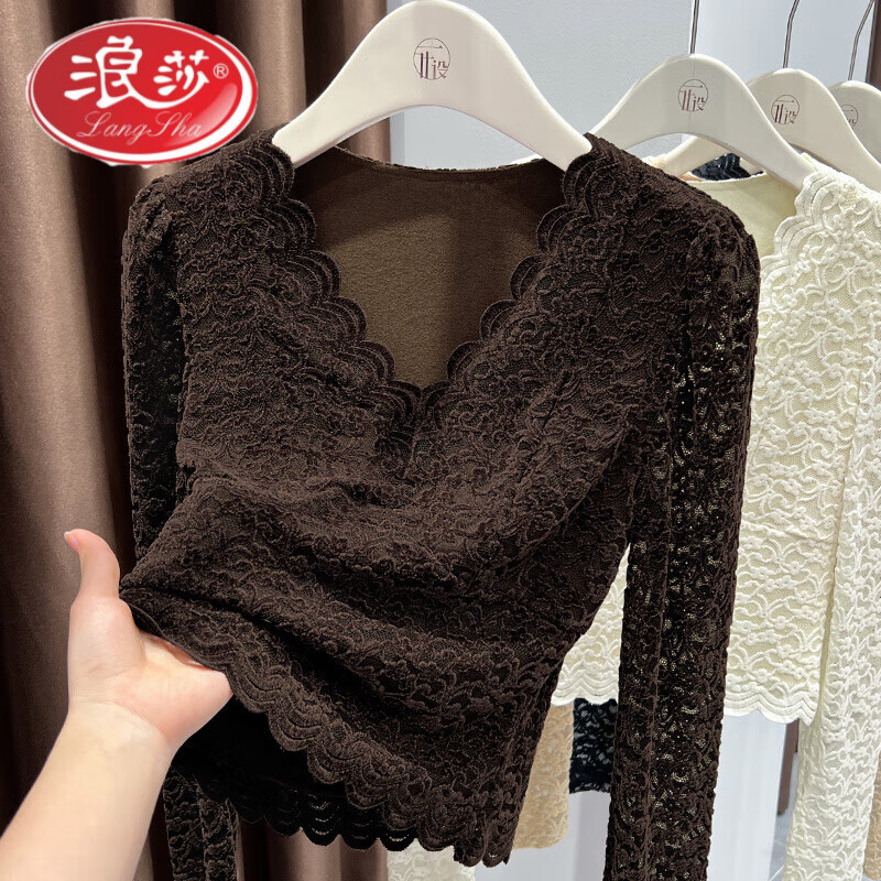 Langsha dark coffee color super versatile lace v-neck bottoming shirt for women 2026 new jacquard inner with temperament plus velvet slim fit top dark coffee high quality version M recommended 98-108 pounds