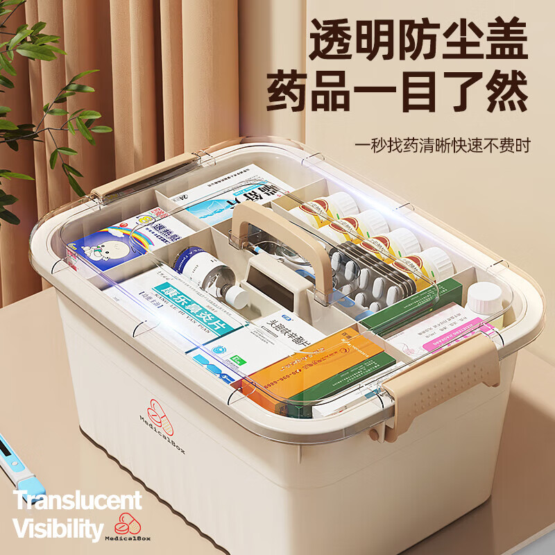 Purchased over 10,000 times, household medicine storage box, medicine box, family large size medicine first aid multi-layer classification, portable storage box - large size 30*22*16cm
