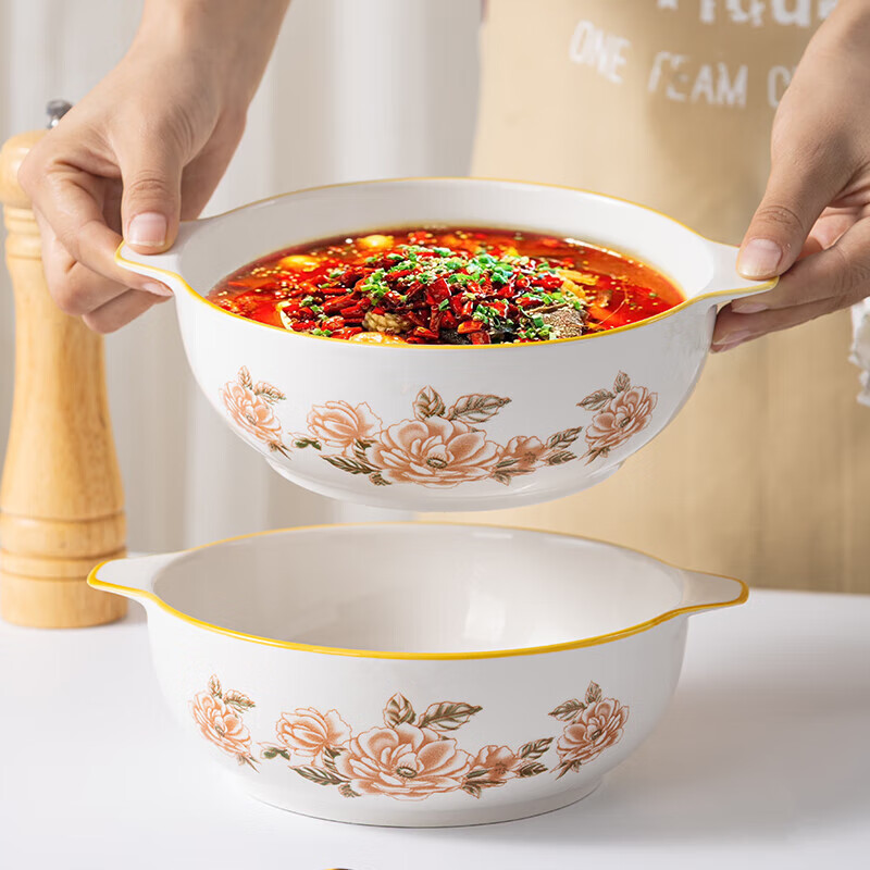 Camellia double-ear thickened soup bowl 9.5 inches high temperature resistant ceramic boiled fish bowl pickled fish soup bowl new 1 Camellia 9.5 inches large soup bowl 1 pack no specifications