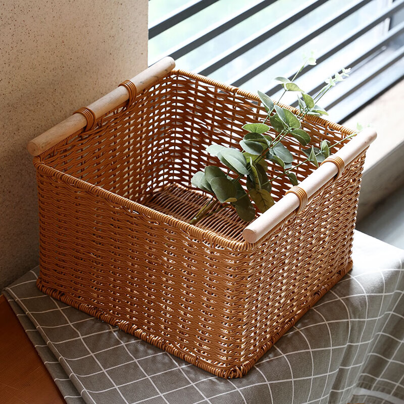 Storage basket imitation rattan Japanese-style storage box simple living room study cabinet finishing basket snack storage box wooden handle brown double opening 30*30*21cm