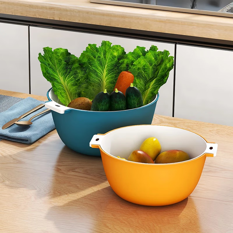 Fruit plate vegetable basket kitchen double layer drain basin plastic drain basin new fruit washing basin drain basket oval-double layer red medium