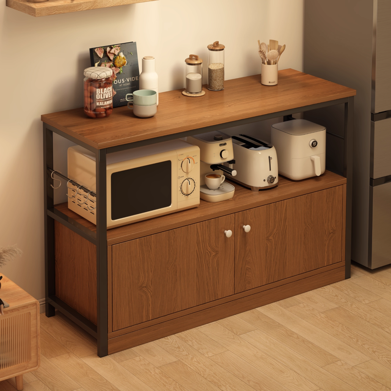 Kitchen rack floor-standing integrated wall storage cabinet new multi-functional pot storage rack multi-layer sideboard 120cm field oak color bold and thickened + free hook