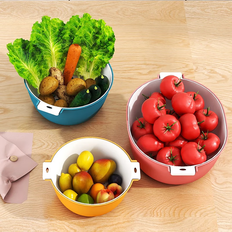 Fruit plate vegetable basket kitchen double layer drain basin plastic drain basin new fruit washing basin drain basket oval-double layer red medium