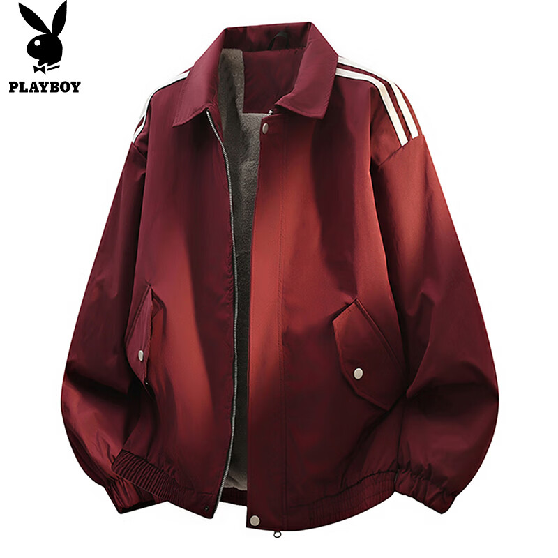 Playboy (PLAYBOY) Jacket Men's Velvet Jacket Men's Autumn and Winter Casual Thickened Warm American Lapel Clothes Red XL