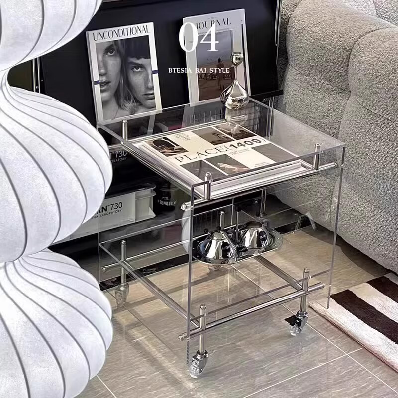 FEDDIES Nordic Acrylic Small Coffee Table Mobile Cart Light Luxury High-end Mid-Autumn Style Bauhaus Bedside Table Sofa Side Table Black Bezel Medium Size Free 2 Decorative Paper Cards Assembly