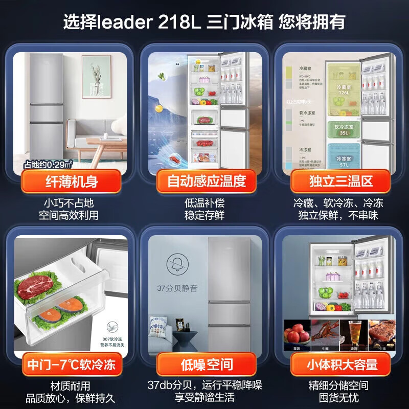 Haier refrigerator three-door 218 liter small refrigerator home ultra-thin rental room about one kilowatt hour per day new level energy efficiency energy-saving small refrigerator trade-in subsidy Leader hot-selling hot model 218 liter refrigerator three-door intelligent energy saving