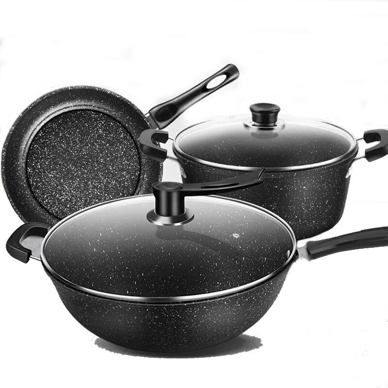 Combach medical stone non-stick pot set household soup pot frying pan three-piece set universal stove thickened wok set wok + soup pot double cover