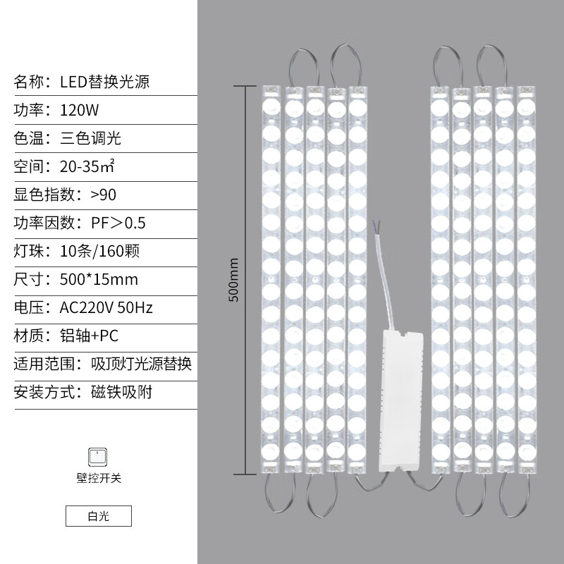 Jinggong LED wick modified light panel, ceiling lamp strip light source module, no punching, magnet adsorption, 120W three-tone lighting
