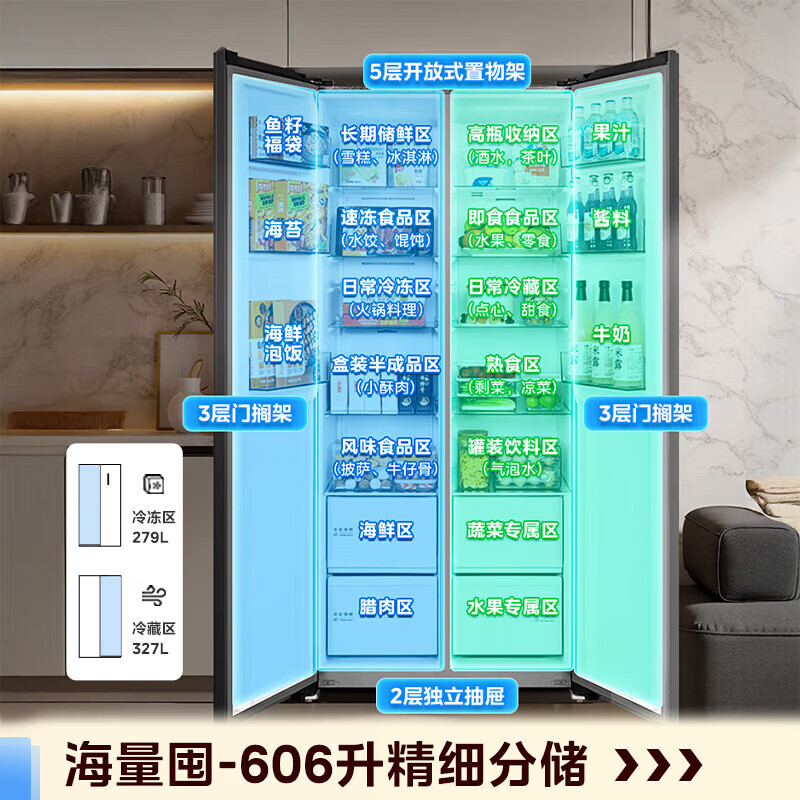 Midea Refrigerator 606/570+/550 Upgraded Level 1 Energy Efficiency State Subsidy Dual Frequency Converter Double Door Side-by-side Large Capacity Air-cooled Frost-free Household Energy-Saving Trade-in Refrigerator Store Popularity 606 Liters Large Freezer Space