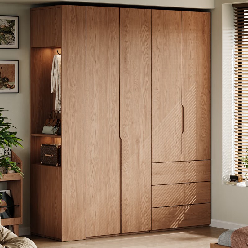 He Jiajiang wardrobe solid wood wardrobe bedroom home storage locker furniture cabinet log style small apartment modern minimalist style 1.4 meters / two doors + two doors with drawers 2.4 meters high / one door to the top Consult customer service / can be customized