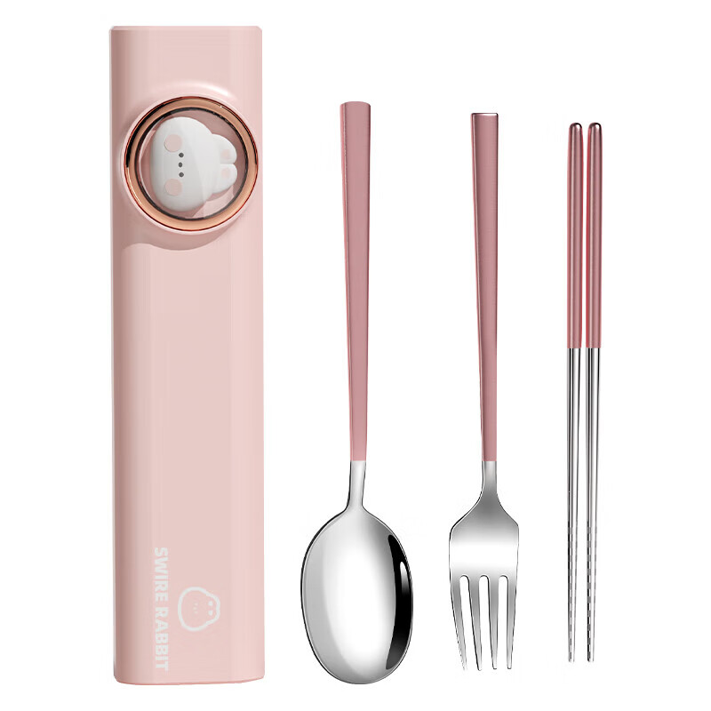 Wild Pigeon brand chopsticks and spoon set, portable tableware for primary school students, one person, one chopstick, children's special 316 stainless steel 304 Pink Rabbit (chopsticks and spoon box)