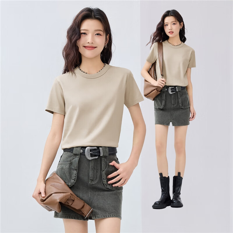 Giordano short-sleeved T-shirt women's pure cotton double-sided fabric skin-friendly breathable solid color basic round neck top 13323201