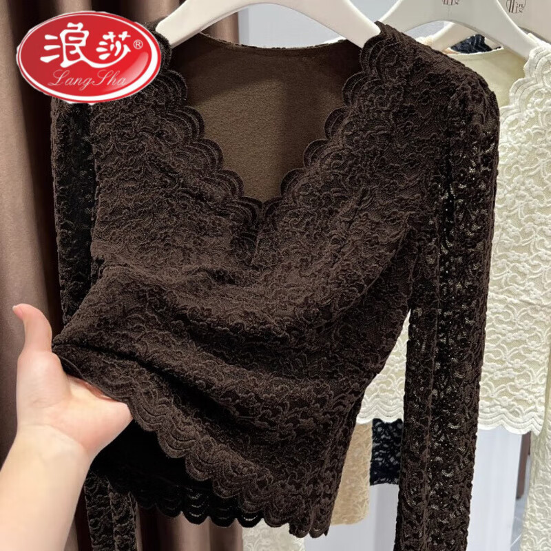 Langsha dark coffee color super versatile lace v-neck bottoming shirt for women 2026 new jacquard inner with temperament plus velvet slim fit top dark coffee high quality version M recommended 98-108 pounds