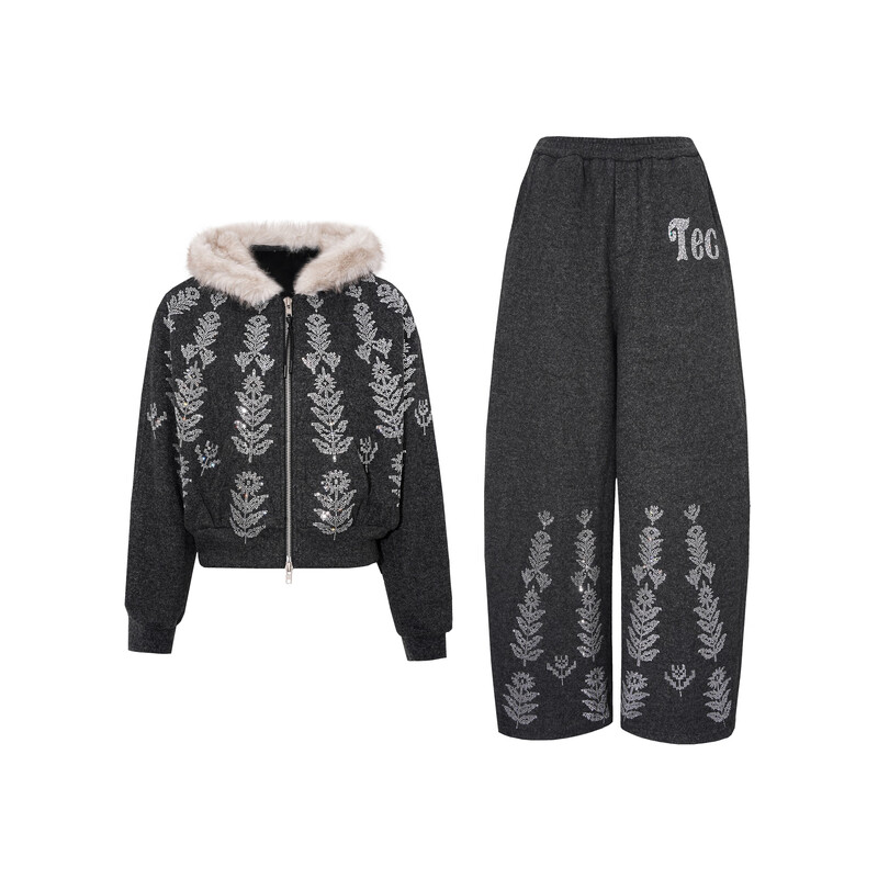 TCH hooded suit for women 25 years autumn and winter hot diamond fur collar simple style slimming temperament luxury style elegant style two-piece set gray L