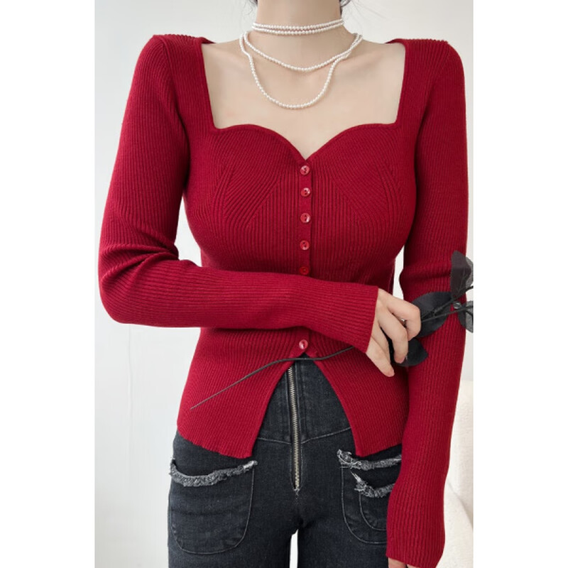 Pierre Cardin French Hong Kong style retro burgundy slim-fitting sweater long-sleeved square neck wave collar buttoned bottoming shirt top for women trendy red S