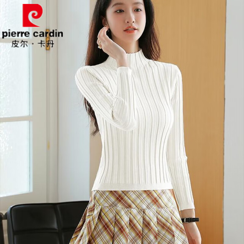 Pierre Cardin simple half turtleneck sweater women's pullover sweater autumn and winter new solid color bottoming shirt long-sleeved inner sweater top apricot XL