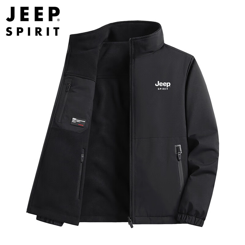 JEEP SPIRIT Jeep Reversible Jacket Men's Fall and Winter Plush Warm Stand Collar Jacket Sports Top Dark Gray XL
