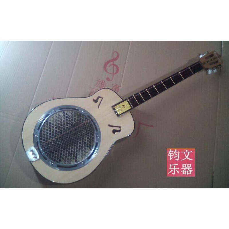 Zhong Zhanggui Xiongsheng Guangdong national plucked garden-shaped Qinqin musical instrument, color wood python skin three-string instrument, factory direct sale, guitar waist-shaped log on black