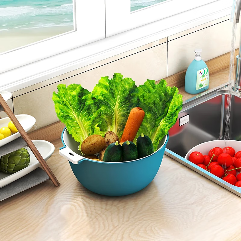 Fruit plate vegetable basket kitchen double layer drain basin plastic drain basin new fruit washing basin drain basket oval-double layer red medium