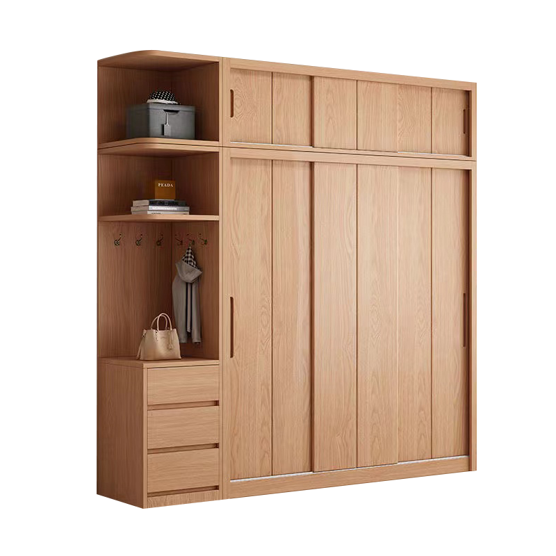 Mige Oak Wardrobe Bedroom Sliding Door Solid Wood Storage Cabinet Oak Three Doors 1.8 Meter Sliding Door
